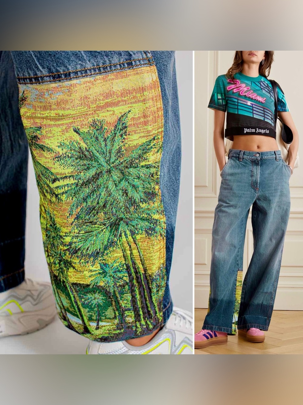 Palm Angels Palms Sunrise Embroidered Panel Wide Leg Jeans High Rise Blue 30 10
